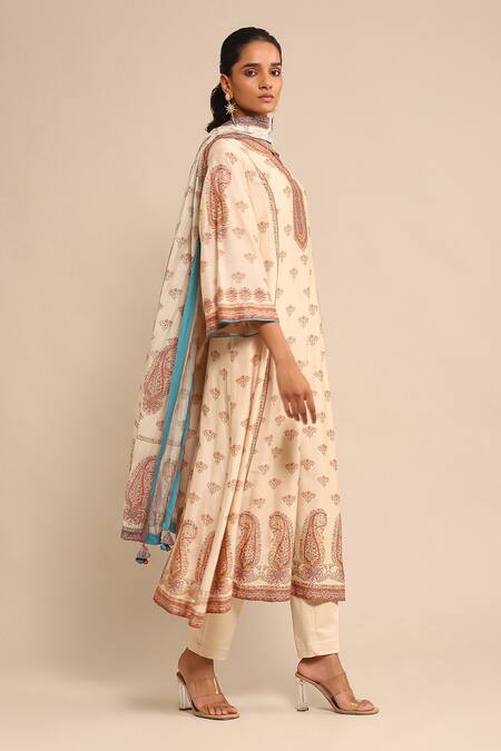 Buy_Ritu Kumar_Off White , Chanderi, Satin, Floral Print A-line Kurta Pant Set _Online_at_Aza_Fashions