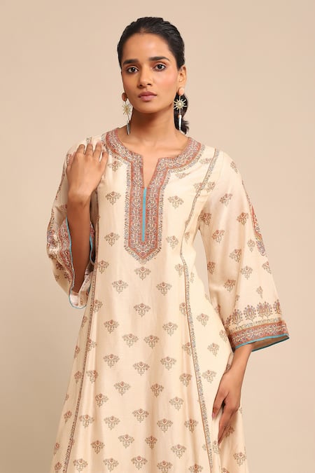 Shop_Ritu Kumar_Off White , Chanderi, Satin, Floral Print A-line Kurta Pant Set _Online_at_Aza_Fashions