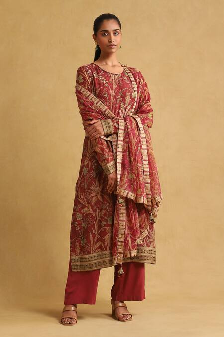 Ritu Kumar Red Cotton, Rayon, Viscose, Chiffon Tassels Round Botanical Print Kurta Pant Set