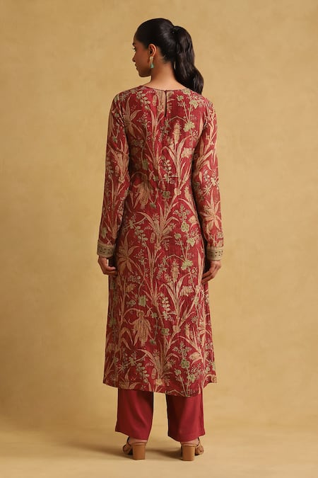 Shop Ritu Kumar Red Cotton, Rayon, Viscose, Chiffon Tassels Round Botanical Print Kurta Pant Set at Aza Fashions Shop_Ritu Kumar_Red Cotton, Rayon, Viscose, Chiffon Tassels Round Botanical Print Kurta Pant Set_at_Aza_Fashions