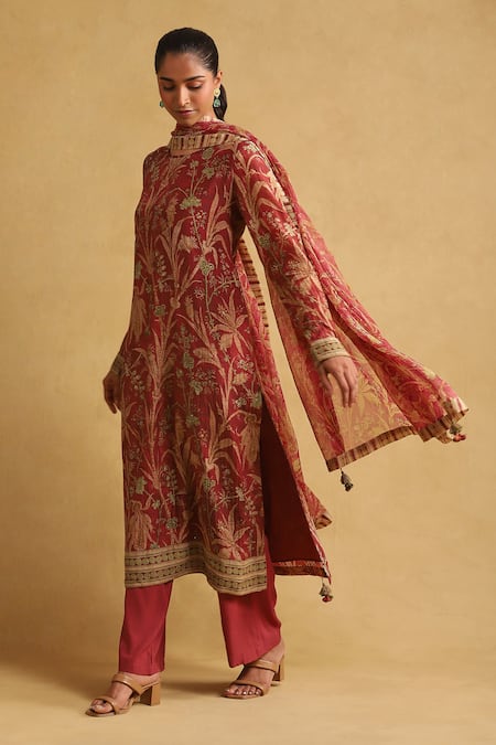 Ritu Kumar Red Cotton, Rayon, Viscose, Chiffon Tassels Round Botanical Print Kurta Pant Set Online at Aza Fashions Ritu Kumar_Red Cotton, Rayon, Viscose, Chiffon Tassels Round Botanical Print Kurta Pant Set_Online_at_Aza_Fashions
