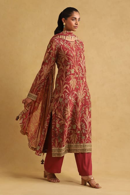 Buy Ritu Kumar Red Cotton, Rayon, Viscose, Chiffon Tassels Round Botanical Print Kurta Pant Set Online at Aza Fashions Buy_Ritu Kumar_Red Cotton, Rayon, Viscose, Chiffon Tassels Round Botanical Print Kurta Pant Set_Online_at_Aza_Fashions