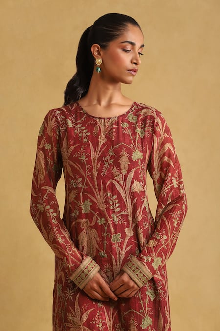 Shop Ritu Kumar Red Cotton, Rayon, Viscose, Chiffon Tassels Round Botanical Print Kurta Pant Set Online at Aza Fashions Shop_Ritu Kumar_Red Cotton, Rayon, Viscose, Chiffon Tassels Round Botanical Print Kurta Pant Set_Online_at_Aza_Fashions