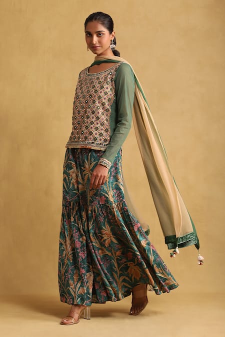 Ritu Kumar_Green Cotton, Viscose, Silk, Chiffon Embroidery, Tassels Boat Top Sharara Set _Online_at_Aza_Fashions
