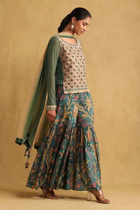 Buy_Ritu Kumar_Green Cotton, Viscose, Silk, Chiffon Embroidery, Tassels Boat Top Sharara Set _Online_at_Aza_Fashions