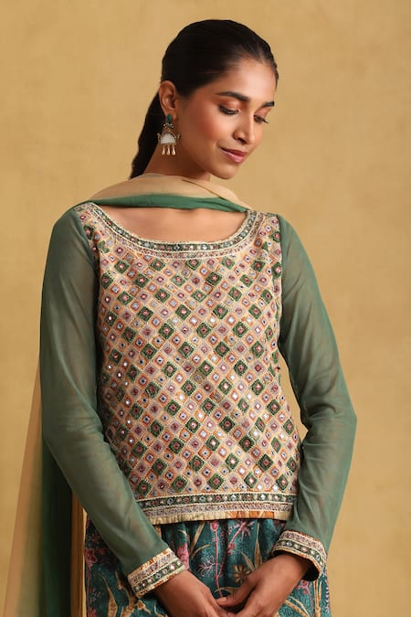 Shop_Ritu Kumar_Green Cotton, Viscose, Silk, Chiffon Embroidery, Tassels Boat Top Sharara Set _Online_at_Aza_Fashions