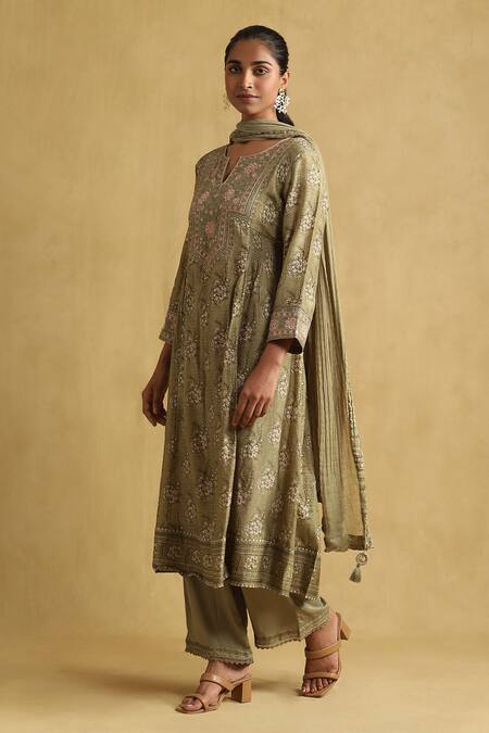 Ritu Kumar_Green Viscose, Rayon, Cotton Embroidery, Floral Print Smocked Kurta Palazzo Set_Online_at_Aza_Fashions