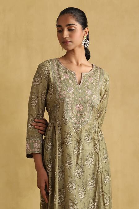 Shop_Ritu Kumar_Green Viscose, Rayon, Cotton Embroidery, Floral Print Smocked Kurta Palazzo Set_Online_at_Aza_Fashions