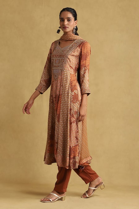 Ritu Kumar Orange Viscose Embroidery, Tassels Boat Neck Micro Print Kurta Pant Set Online at Aza Fashions Ritu Kumar_Orange Viscose Embroidery, Tassels Boat Neck Micro Print Kurta Pant Set _Online_at_Aza_Fashions