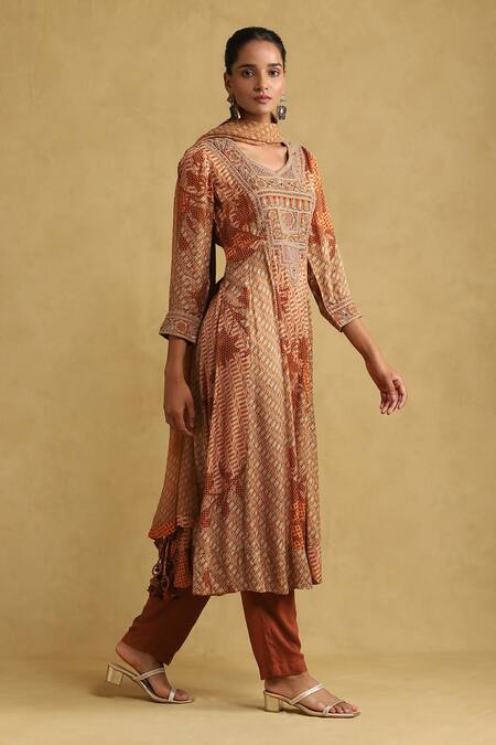 Buy Ritu Kumar Orange Viscose Embroidery, Tassels Boat Neck Micro Print Kurta Pant Set Online at Aza Fashions Buy_Ritu Kumar_Orange Viscose Embroidery, Tassels Boat Neck Micro Print Kurta Pant Set _Online_at_Aza_Fashions