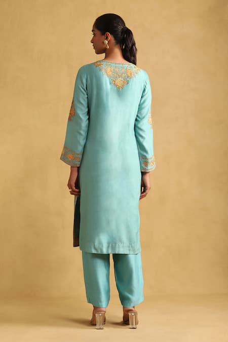 Shop Ritu Kumar Blue Tussar, Organza Embroidery Round Neck Floral Straight Kurta Pant Set at Aza Fashions Shop_Ritu Kumar_Blue Tussar, Organza Embroidery Round Neck Floral Straight Kurta Pant Set _at_Aza_Fashions