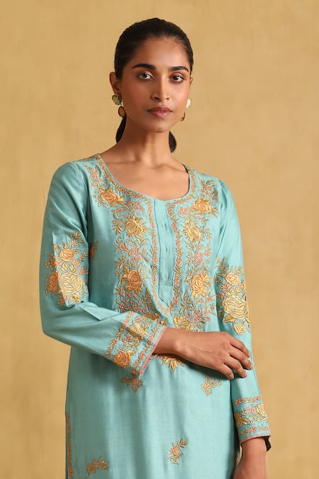 Shop Ritu Kumar Blue Tussar, Organza Embroidery Round Neck Floral Straight Kurta Pant Set Online at Aza Fashions Shop_Ritu Kumar_Blue Tussar, Organza Embroidery Round Neck Floral Straight Kurta Pant Set _Online_at_Aza_Fashions
