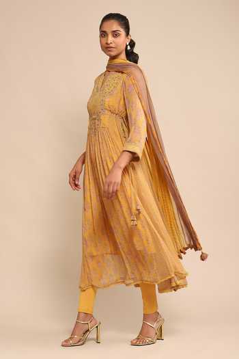 Ritu Kumar_Yellow Viscose Embroidery, Tassels Split V-neck Floral Yoke Anarkali Set _Online_at_Aza_Fashions
