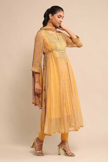 Buy_Ritu Kumar_Yellow Viscose Embroidery, Tassels Split V-neck Floral Yoke Anarkali Set _Online_at_Aza_Fashions
