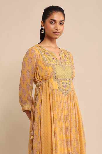 Shop_Ritu Kumar_Yellow Viscose Embroidery, Tassels Split V-neck Floral Yoke Anarkali Set _Online_at_Aza_Fashions