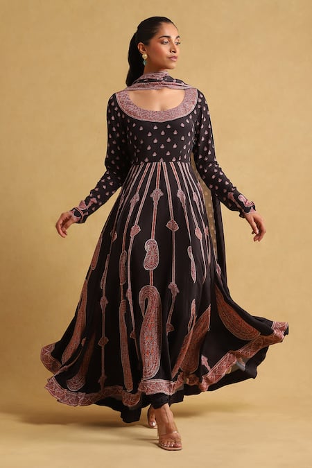 Ritu Kumar Black Anarkali- Viscose And Crepe Printed Floral Scoop Paisley Set 