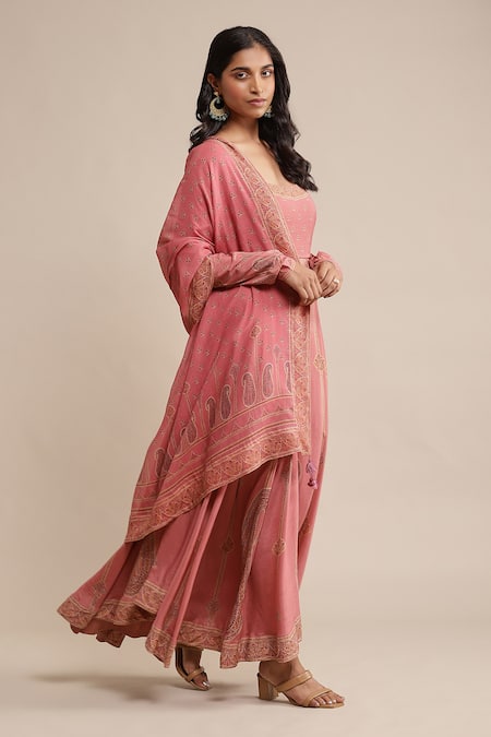 Ritu Kumar_Pink Viscose, Crepe, Cotton, Silk Embroidery Paisley And Floral Print Anarkali Set _Online_at_Aza_Fashions