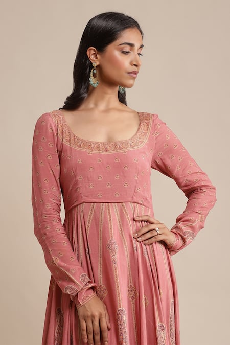 Shop_Ritu Kumar_Pink Viscose, Crepe, Cotton, Silk Embroidery Paisley And Floral Print Anarkali Set _Online_at_Aza_Fashions