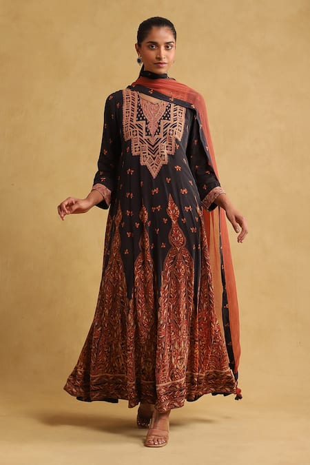 Ritu Kumar Black Viscose Printed Floral Leaf Pattern Anarkali Set 