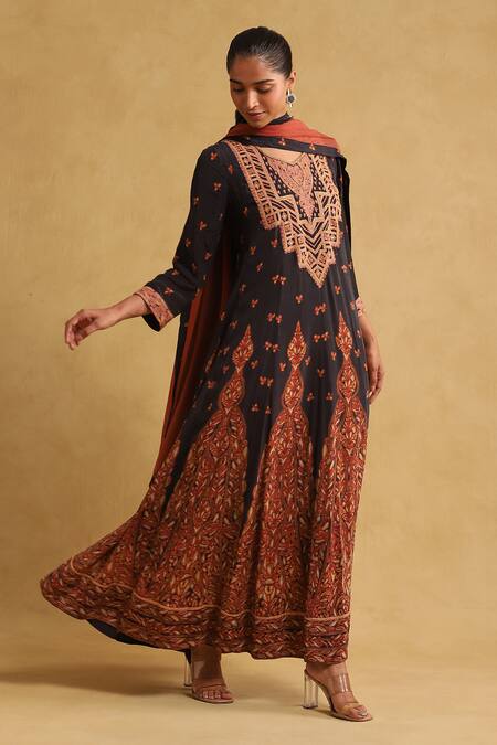 Buy Ritu Kumar Black Viscose Embroidery, Tassels Asymmetric Floral Pattern Anarkali Set Online at Aza Fashions Buy_Ritu Kumar_Black Viscose Embroidery, Tassels Asymmetric Floral Pattern Anarkali Set _Online_at_Aza_Fashions