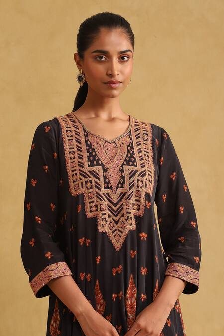 Shop Ritu Kumar Black Viscose Embroidery, Tassels Asymmetric Floral Pattern Anarkali Set Online at Aza Fashions Shop_Ritu Kumar_Black Viscose Embroidery, Tassels Asymmetric Floral Pattern Anarkali Set _Online_at_Aza_Fashions