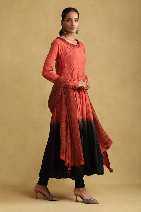 Ritu Kumar Orange Viscose Tassels Scoop Neck Ombre A-line Kurta Set Online at Aza Fashions Ritu Kumar_Orange Viscose Tassels Scoop Neck Ombre A-line Kurta Set_Online_at_Aza_Fashions