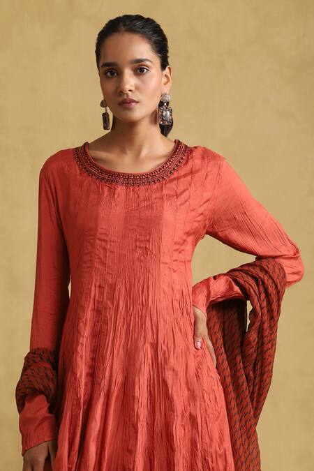 Shop Ritu Kumar Orange Viscose Tassels Scoop Neck Ombre A-line Kurta Set Online at Aza Fashions Shop_Ritu Kumar_Orange Viscose Tassels Scoop Neck Ombre A-line Kurta Set_Online_at_Aza_Fashions