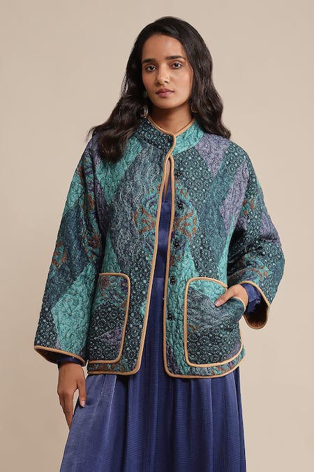 Ritu Kumar_Blue Viscose Mandarin Collar Micro Print Quilted Jacket _Online_at_Aza_Fashions