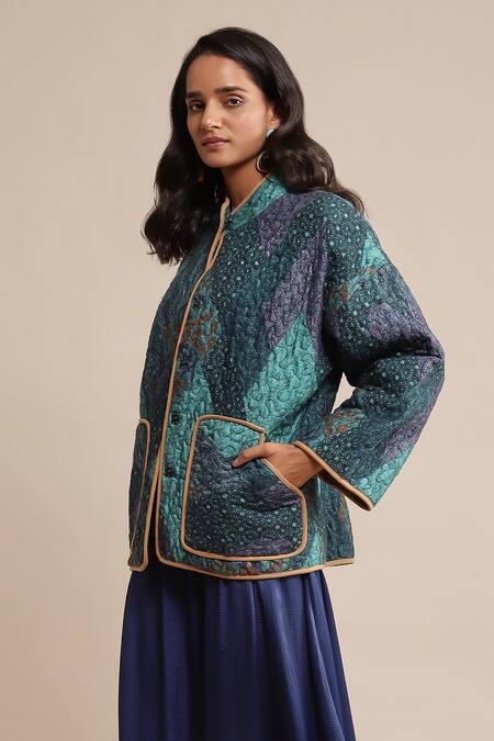 Buy_Ritu Kumar_Blue Viscose Mandarin Collar Micro Print Quilted Jacket _Online_at_Aza_Fashions