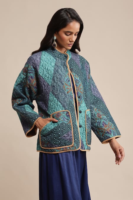 Shop_Ritu Kumar_Blue Viscose Mandarin Collar Micro Print Quilted Jacket _Online_at_Aza_Fashions