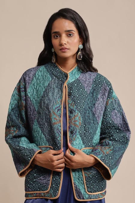 Ritu Kumar_Blue Viscose Mandarin Collar Micro Print Quilted Jacket _at_Aza_Fashions