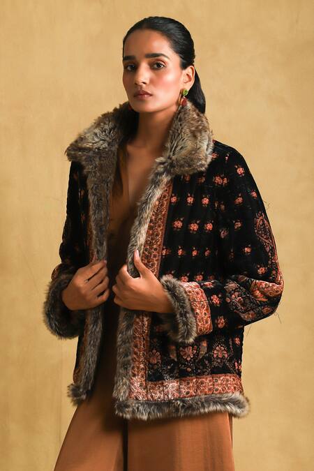 Ritu Kumar_Black Silk, Velvet Embroidery Collared Floral Print Quilted Jacket_at_Aza_Fashions