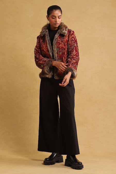 Ritu Kumar Red Silk And Velvet Printed Floral Exaggerated Collar Bloom Quilted Jacket 