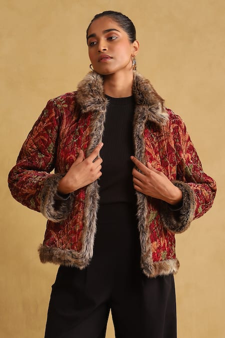 Ritu Kumar_Red Silk, Velvet Embroidery Collared Floral Bloom Print Quilted Jacket _Online_at_Aza_Fashions