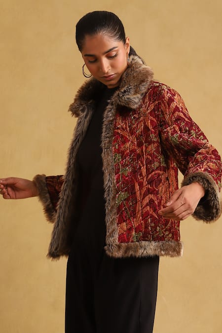 Buy_Ritu Kumar_Red Silk, Velvet Embroidery Collared Floral Bloom Print Quilted Jacket _Online_at_Aza_Fashions