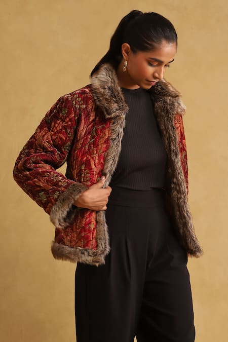 Shop_Ritu Kumar_Red Silk, Velvet Embroidery Collared Floral Bloom Print Quilted Jacket _Online_at_Aza_Fashions