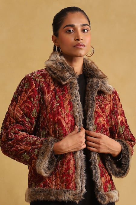 Ritu Kumar_Red Silk, Velvet Embroidery Collared Floral Bloom Print Quilted Jacket _at_Aza_Fashions