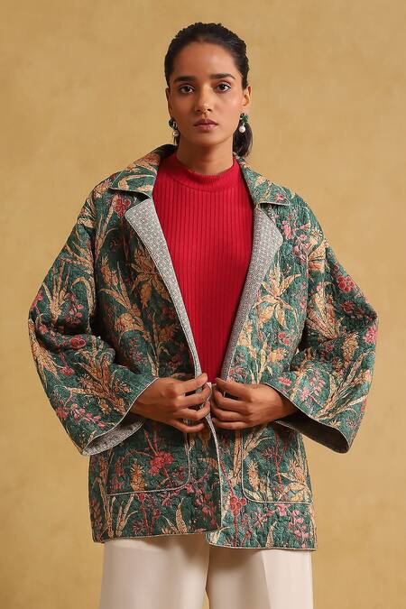 Ritu Kumar_Green Viscose Mandarin Collar Botanical Print Quilted Jacket_Online_at_Aza_Fashions