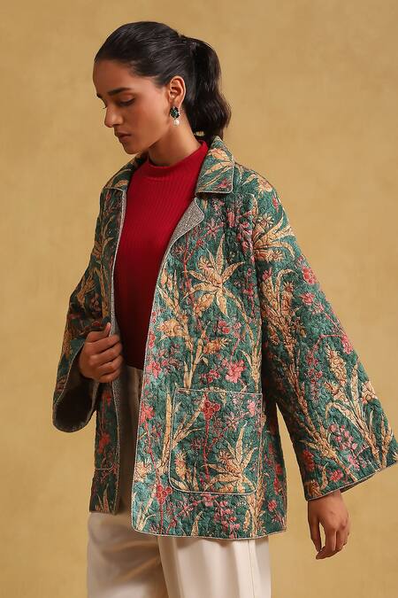 Buy_Ritu Kumar_Green Viscose Mandarin Collar Botanical Print Quilted Jacket_Online_at_Aza_Fashions