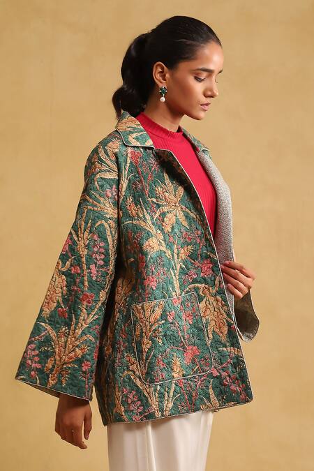 Shop_Ritu Kumar_Green Viscose Mandarin Collar Botanical Print Quilted Jacket_Online_at_Aza_Fashions