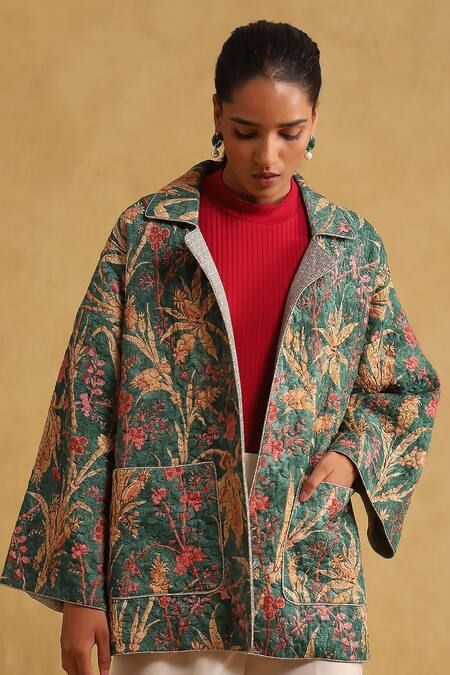 Ritu Kumar_Green Viscose Mandarin Collar Botanical Print Quilted Jacket_at_Aza_Fashions