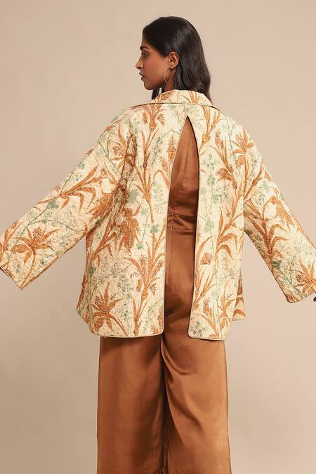 Shop Ritu Kumar White Viscose Polo Collar Botanic Floral Print Quilted Jacket at Aza Fashions Shop_Ritu Kumar_White Viscose Polo Collar Botanic Floral Print Quilted Jacket_at_Aza_Fashions