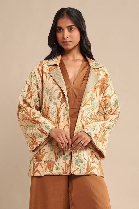 Ritu Kumar White Viscose Polo Collar Botanic Floral Print Quilted Jacket Online at Aza Fashions Ritu Kumar_White Viscose Polo Collar Botanic Floral Print Quilted Jacket_Online_at_Aza_Fashions
