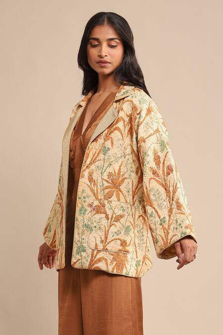 Buy Ritu Kumar White Viscose Polo Collar Botanic Floral Print Quilted Jacket Online at Aza Fashions Buy_Ritu Kumar_White Viscose Polo Collar Botanic Floral Print Quilted Jacket_Online_at_Aza_Fashions