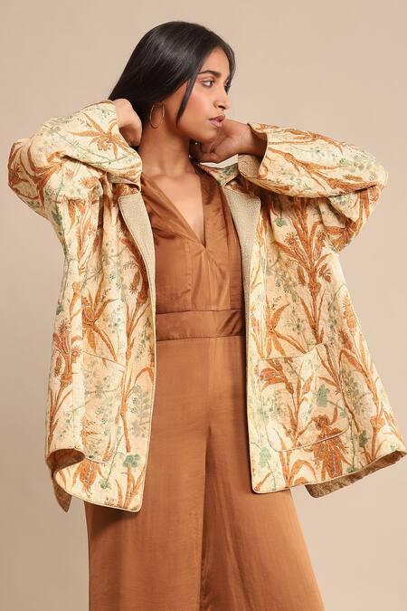 Shop Ritu Kumar White Viscose Polo Collar Botanic Floral Print Quilted Jacket Online at Aza Fashions Shop_Ritu Kumar_White Viscose Polo Collar Botanic Floral Print Quilted Jacket_Online_at_Aza_Fashions