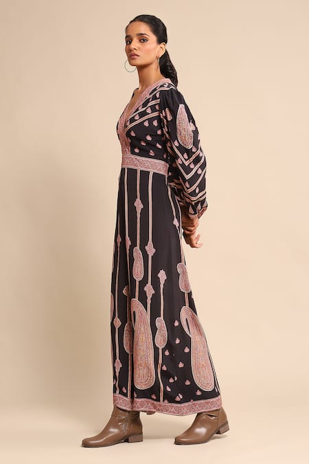 Ritu Kumar_Black Crepe Embroidery Plunge Neck Paisley Print Jumpsuit _Online_at_Aza_Fashions