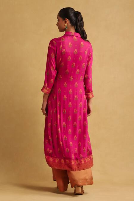 Shop Ritu Kumar Pink Viscose Embroidery Collared Floral Print Pintucked Kurta at Aza Fashions Shop_Ritu Kumar_Pink Viscose Embroidery Collared Floral Print Pintucked Kurta_at_Aza_Fashions