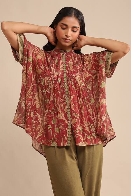 Ritu Kumar_Red Cotton, Silk Embroidery Mandarin Collar Botanical Print Tunic_Online_at_Aza_Fashions