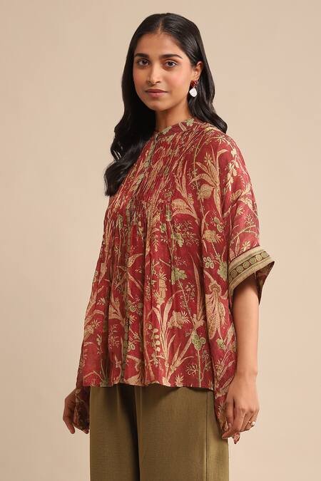 Buy_Ritu Kumar_Red Cotton, Silk Embroidery Mandarin Collar Botanical Print Tunic_Online_at_Aza_Fashions