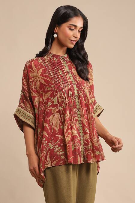 Shop_Ritu Kumar_Red Cotton, Silk Embroidery Mandarin Collar Botanical Print Tunic_Online_at_Aza_Fashions